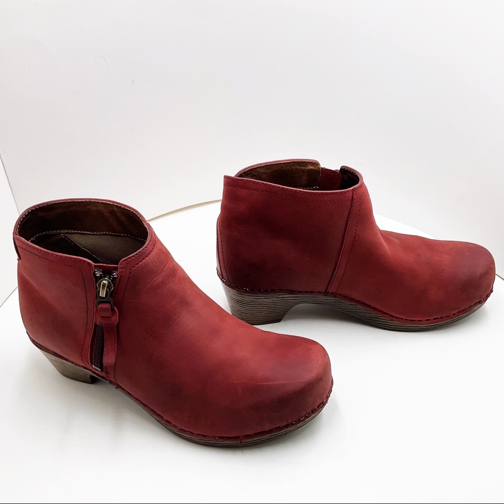 {Dansko} Max Red Leather Ankle Clog Booties - Picture 4 of 16